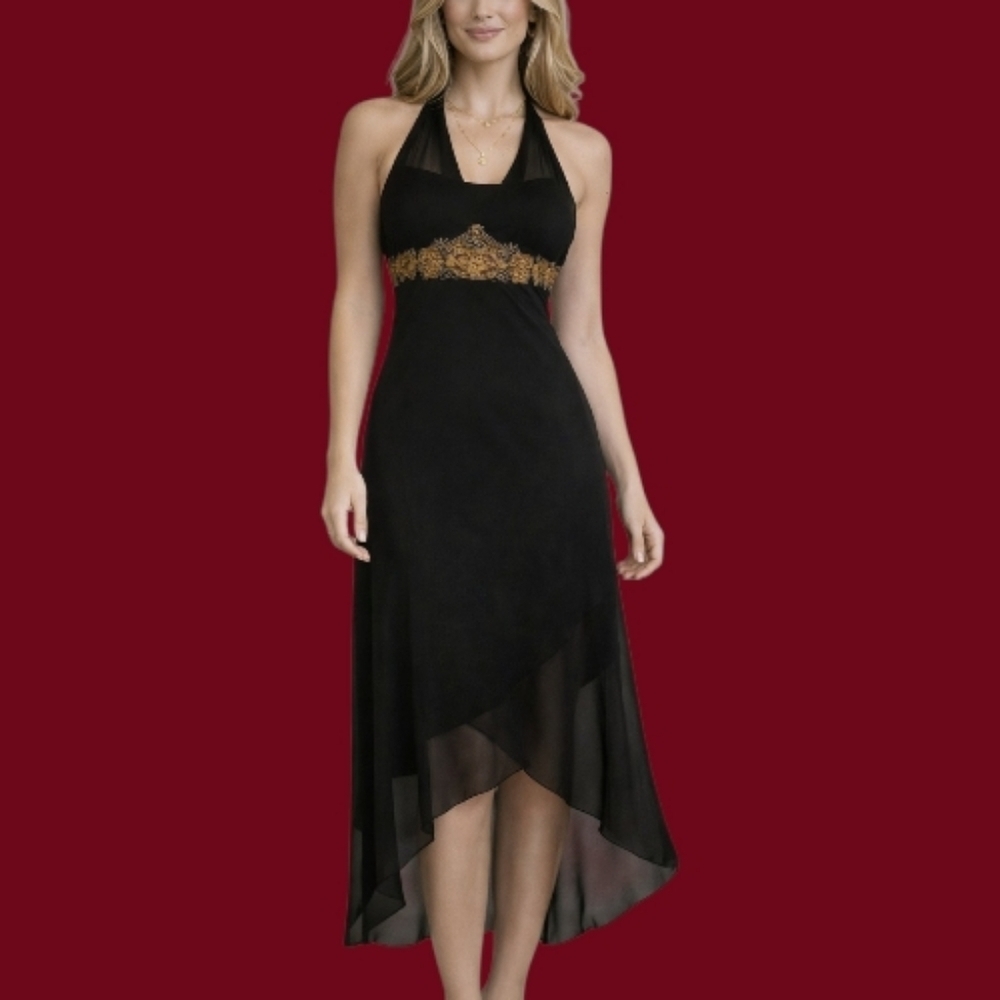 VTG TABOO Grecian Black Assymetric Angled Halter High Waist Goddess Dress